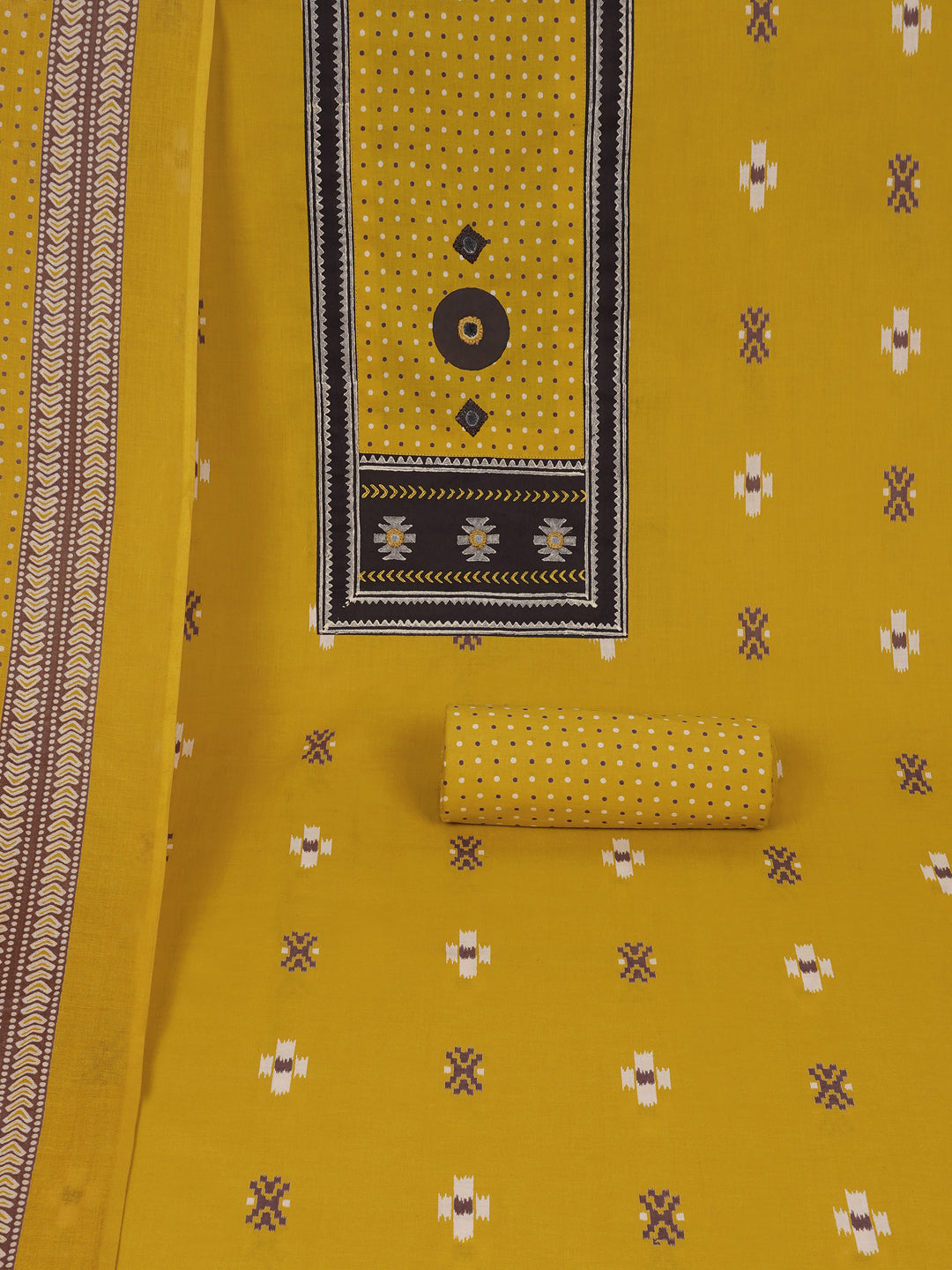 Unstitched suit set featuring a contrast yoke crafted in block print fabric and delicate handwork.