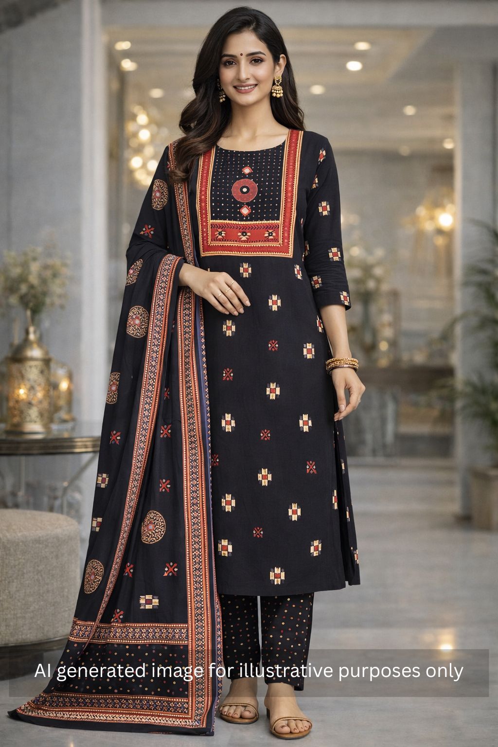 Unstitched suit set featuring a contrast yoke crafted in block print fabric and delicate handwork.