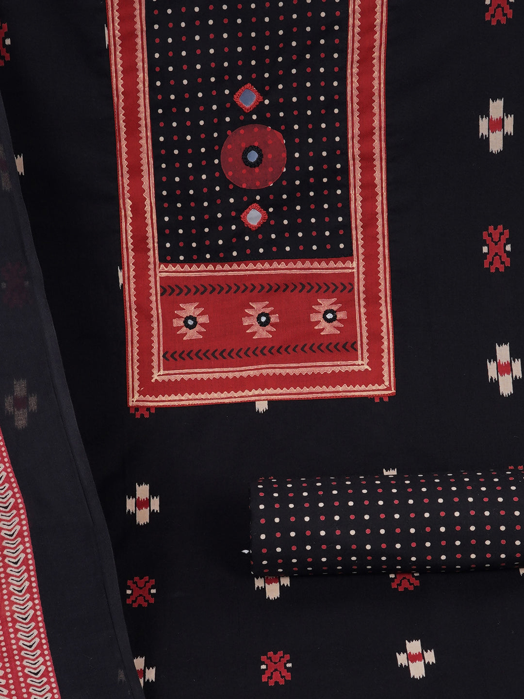 Unstitched suit set featuring a contrast yoke crafted in block print fabric and delicate handwork.