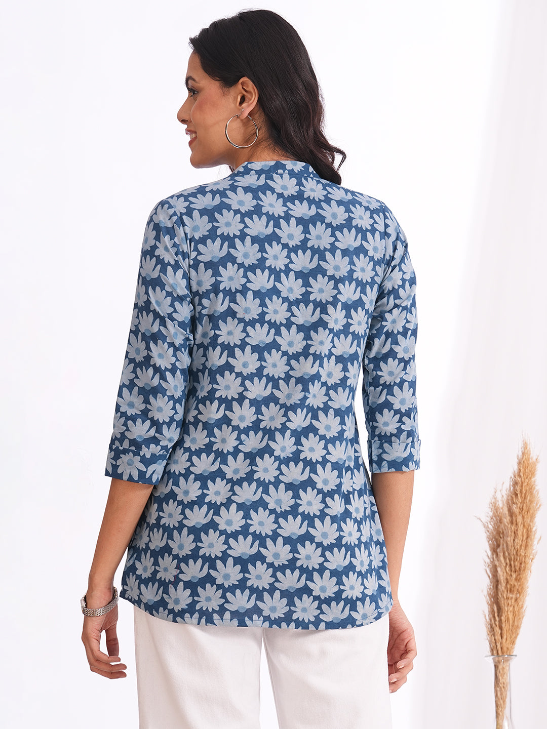 Women’s Blue Floral Cotton Dabu Printed Pintuck Top