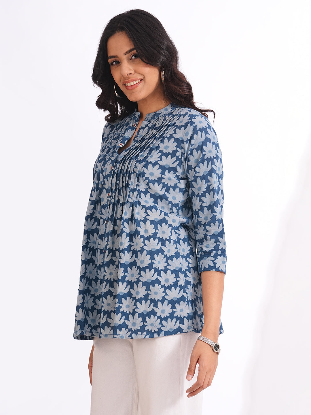 Women’s Blue Floral Cotton Dabu Printed Pintuck Top