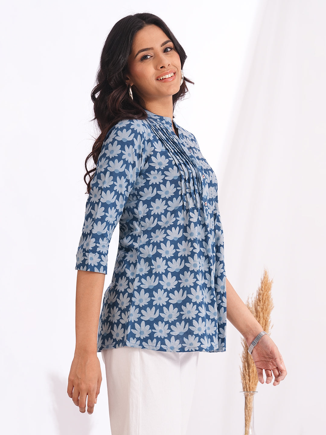 Women’s Blue Floral Cotton Dabu Printed Pintuck Top