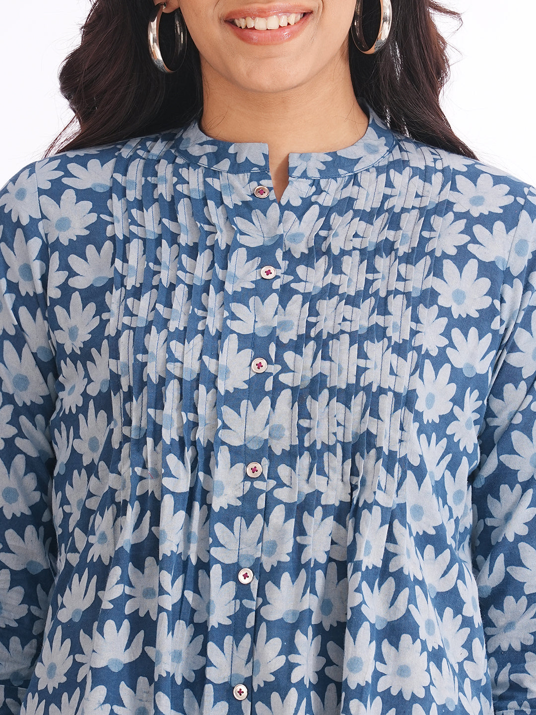Women’s Blue Floral Cotton Dabu Printed Pintuck Top