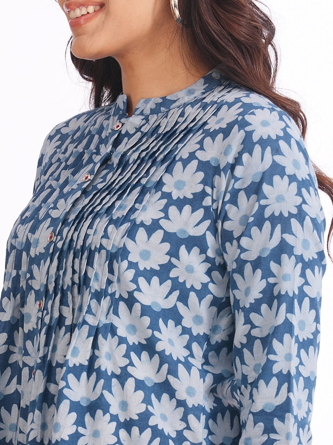 Women’s Blue Floral Cotton Dabu Printed Pintuck Top