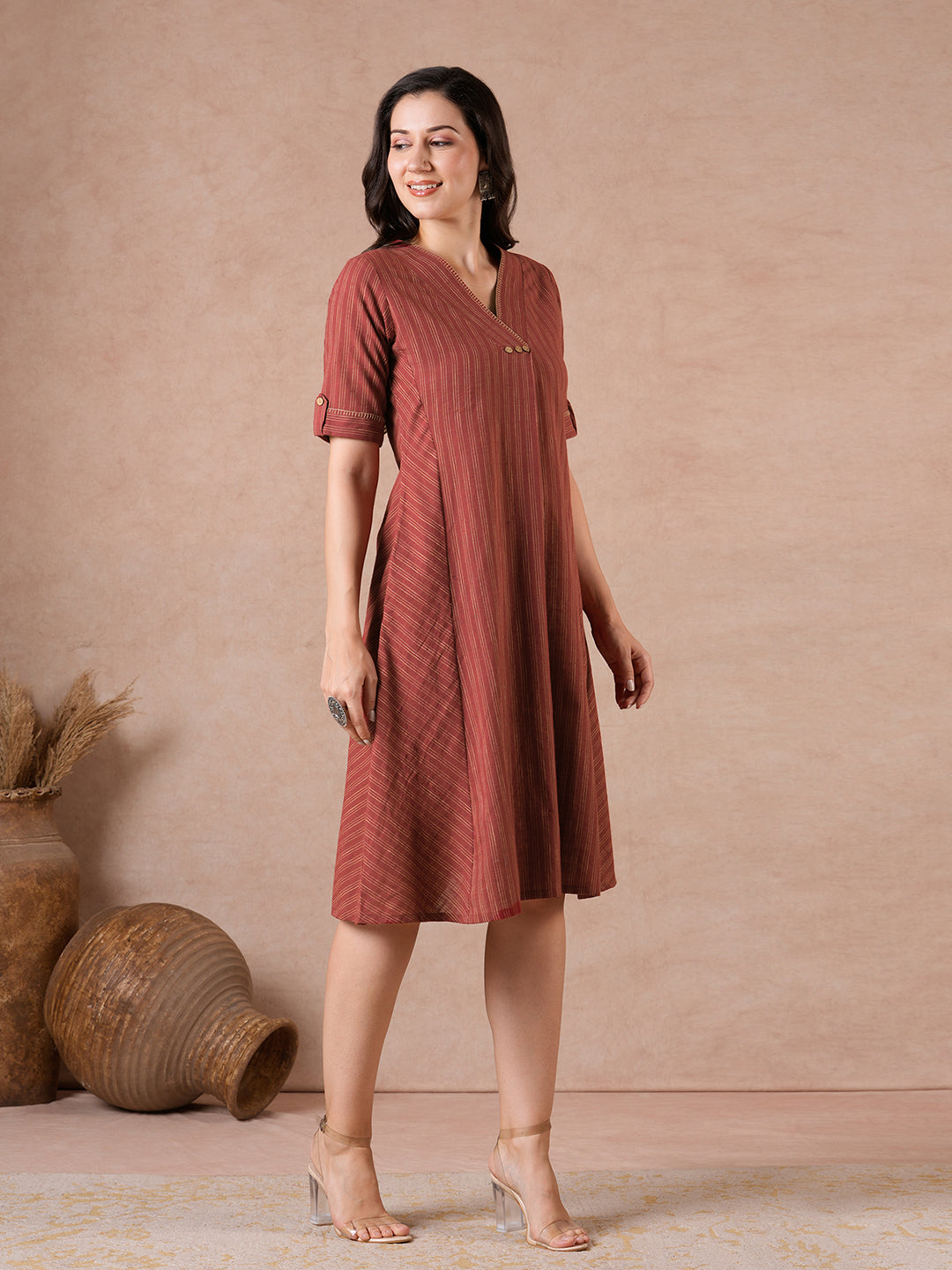 A-Line Striped Cotton Dress with Handwork, Bias Panels & Knife Pleat.