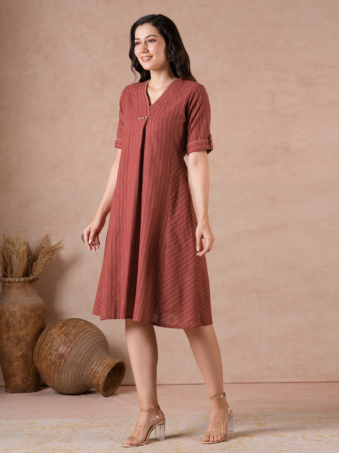 A-Line Striped Cotton Dress with Handwork, Bias Panels & Knife Pleat.