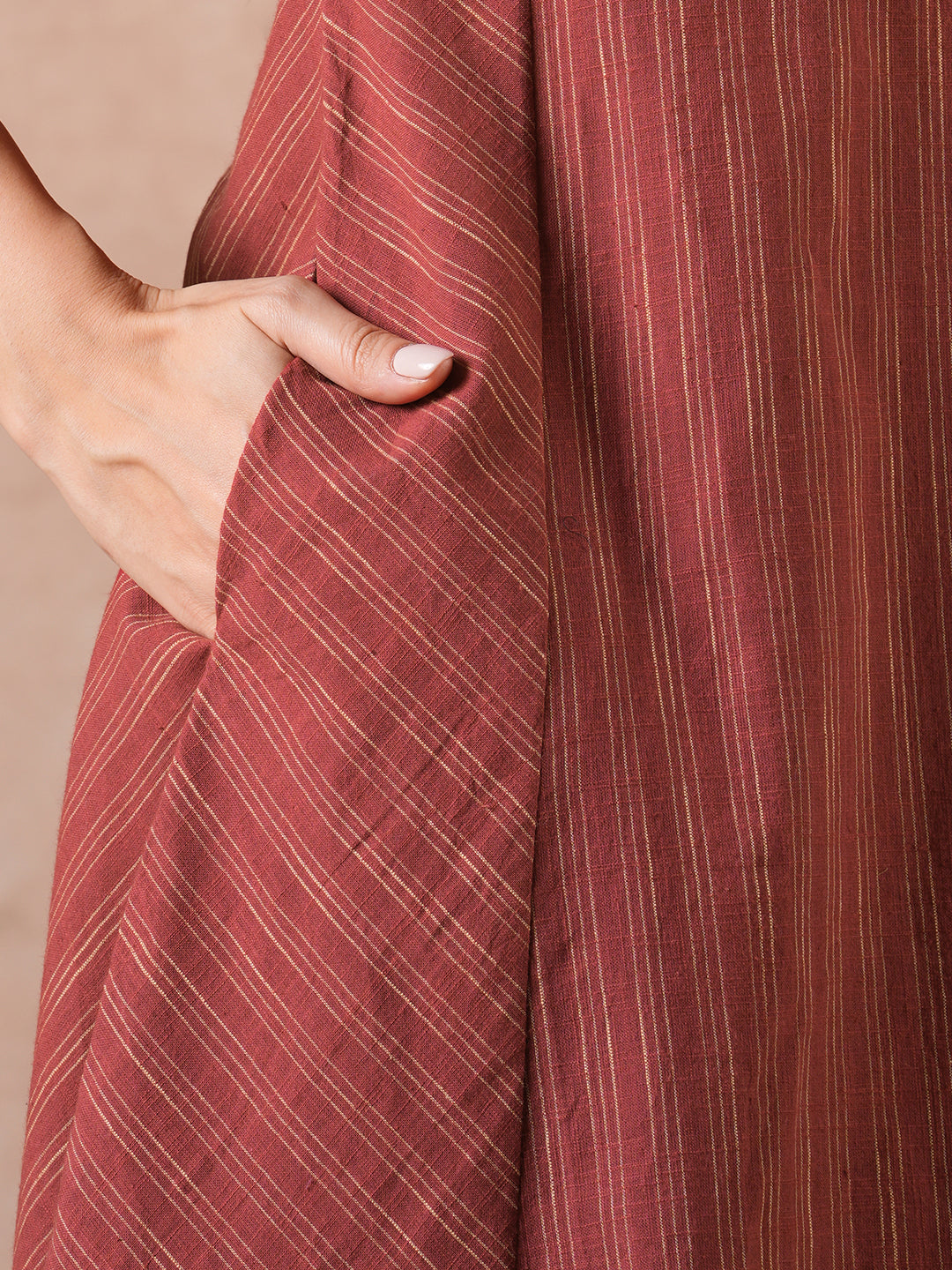 A-Line Striped Cotton Dress with Handwork, Bias Panels & Knife Pleat.