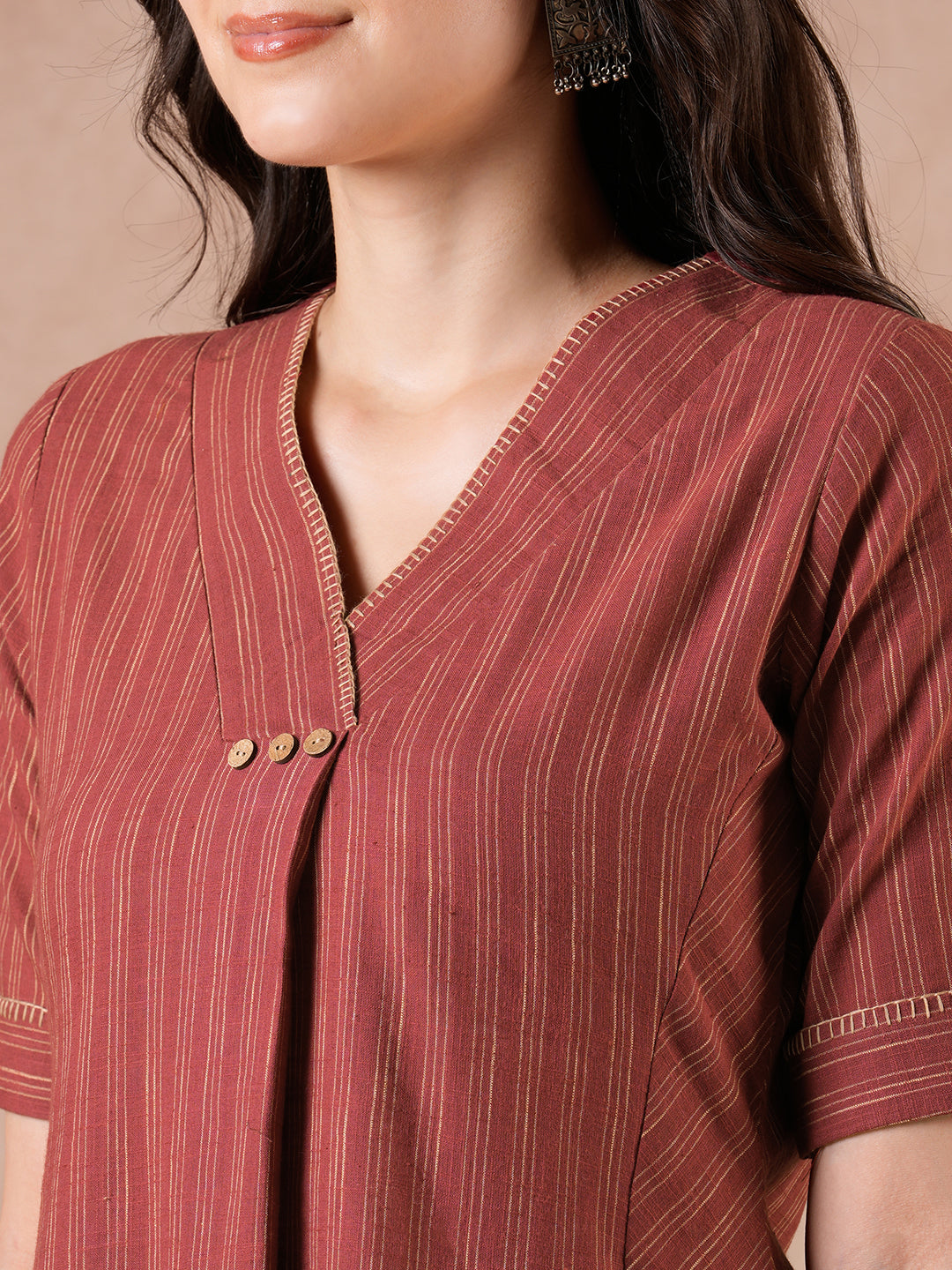 A-Line Striped Cotton Dress with Handwork, Bias Panels & Knife Pleat.