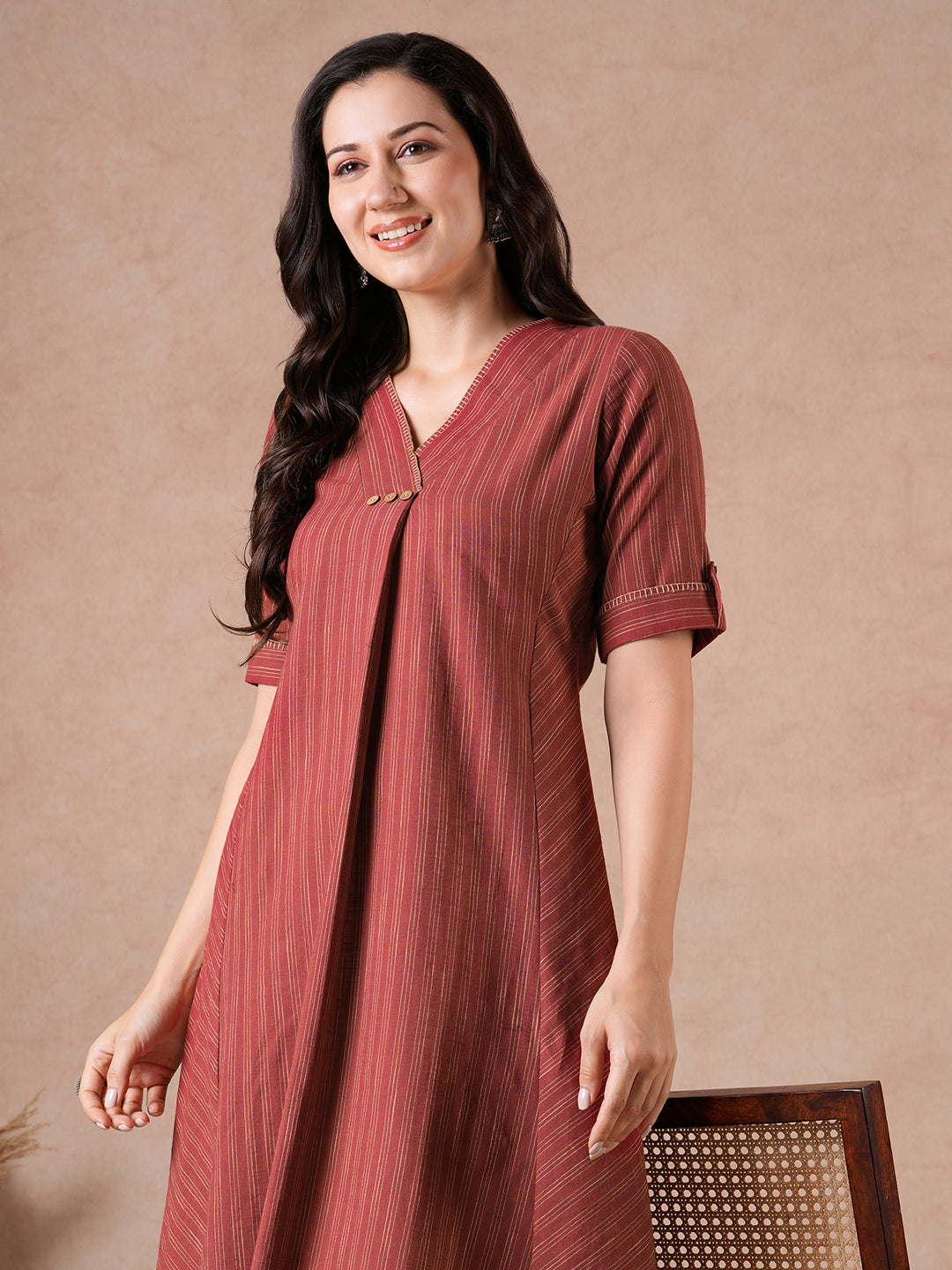 A-Line Striped Cotton Dress with Handwork, Bias Panels & Knife Pleat.