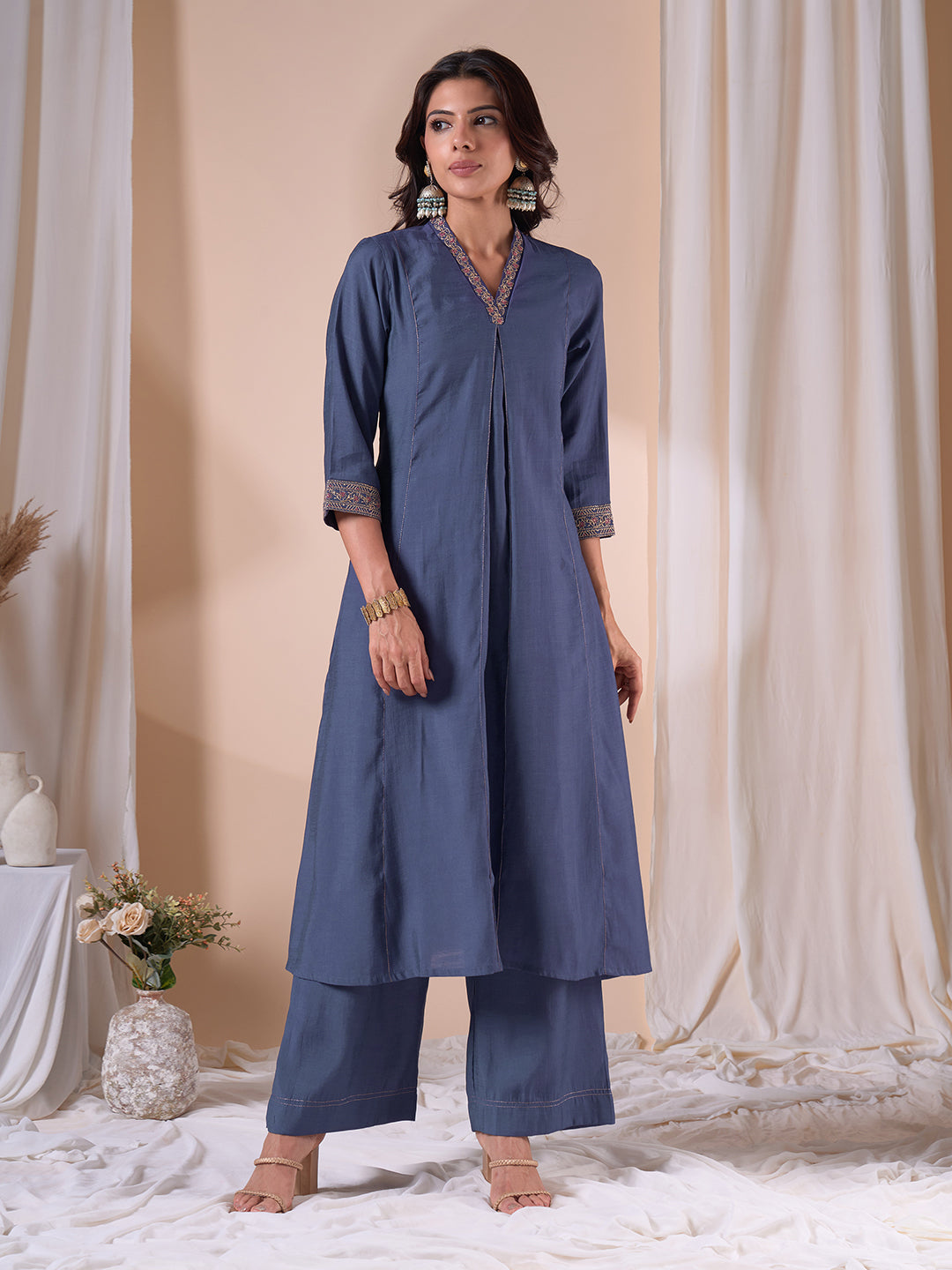 A-Line Silk Blend Kurta Suit Set with Embroidery, Plain Palazzo and Printed Dupatta.