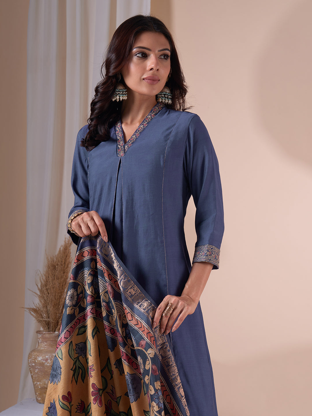 A-Line Silk Blend Kurta Suit Set with Embroidery, Plain Palazzo and Printed Dupatta.