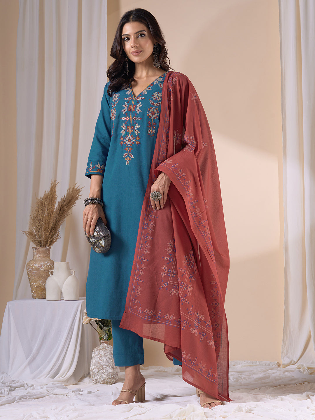 Straight Fit Cotton Kurta Suit Set with Geometric Embroidery, Plain Bottom and Printed Dupatta.