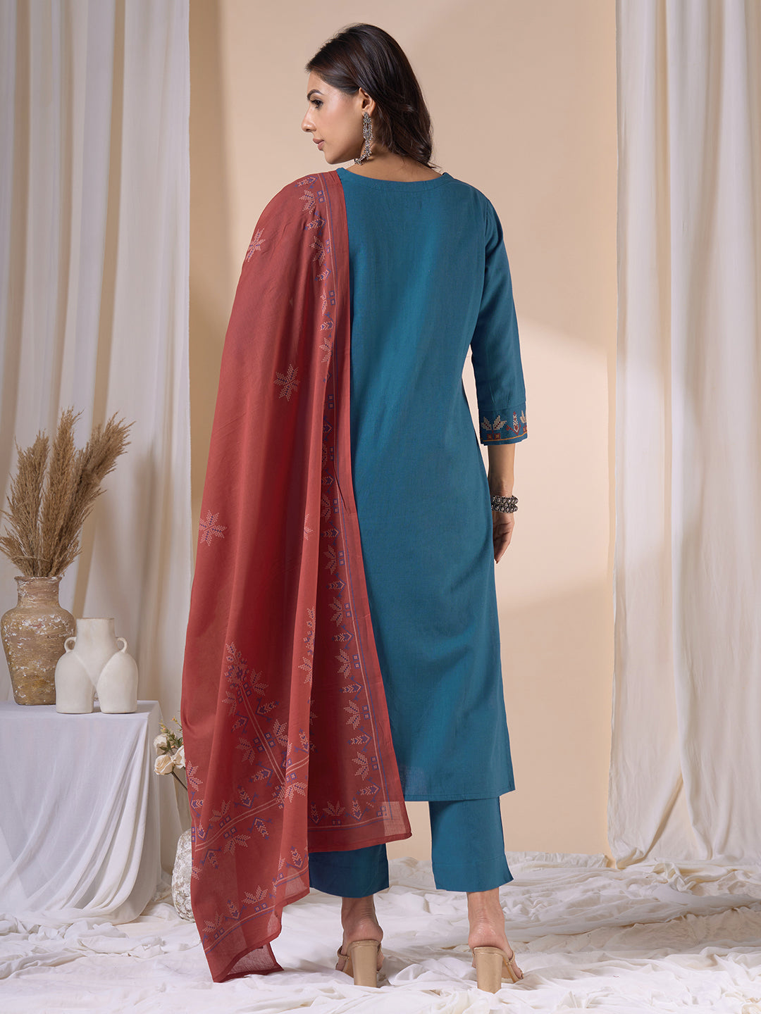 Straight Fit Cotton Kurta Suit Set with Geometric Embroidery, Plain Bottom and Printed Dupatta.