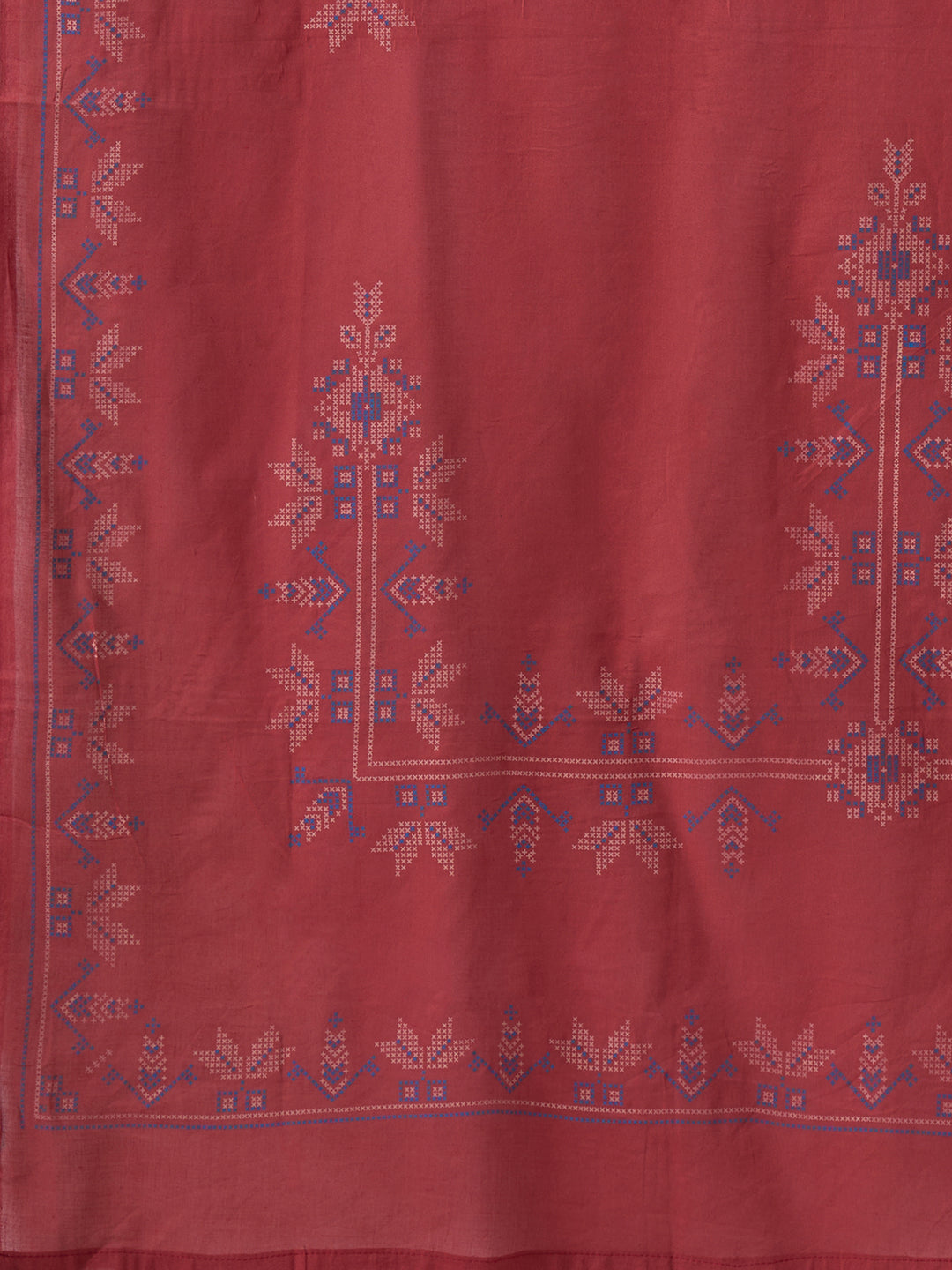 Straight Fit Cotton Kurta Suit Set with Geometric Embroidery, Plain Bottom and Printed Dupatta.