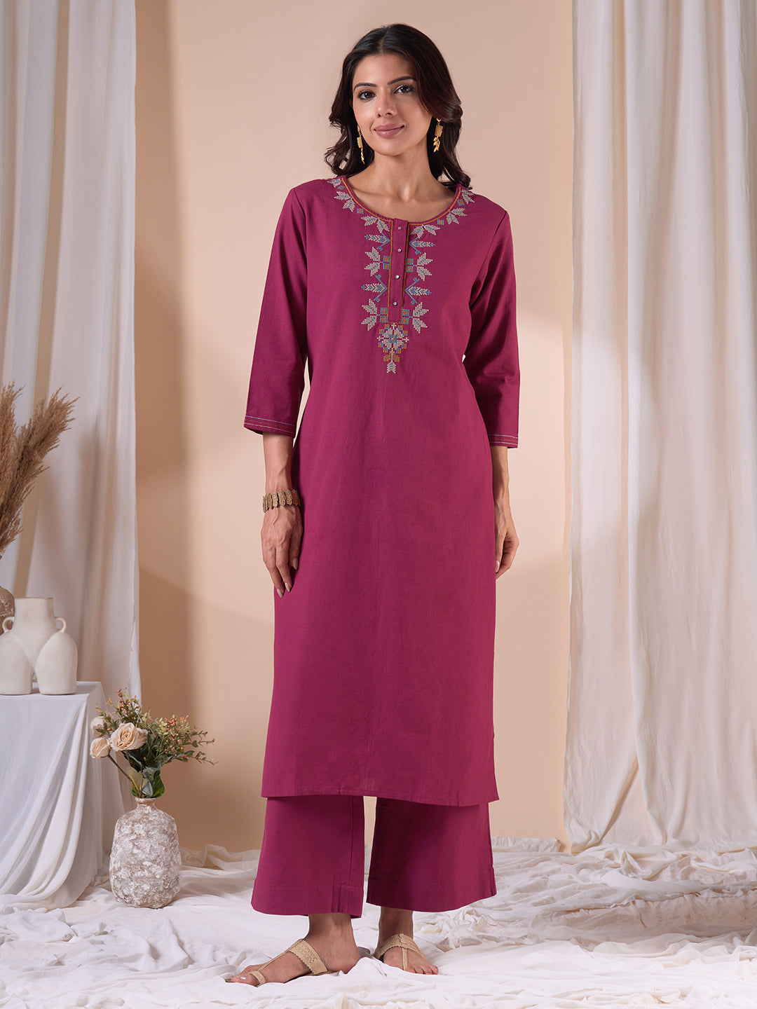 Straight fit Kurta Suit Set with Floral Embroidery, Plain Palazzo and Printed Dupatta.