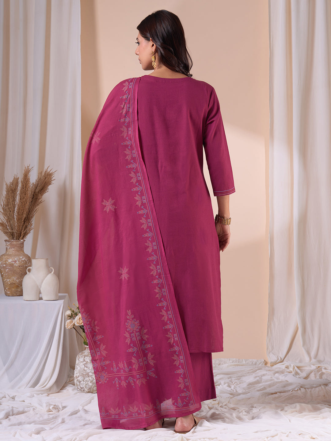Straight fit Kurta Suit Set with Floral Embroidery, Plain Palazzo and Printed Dupatta.