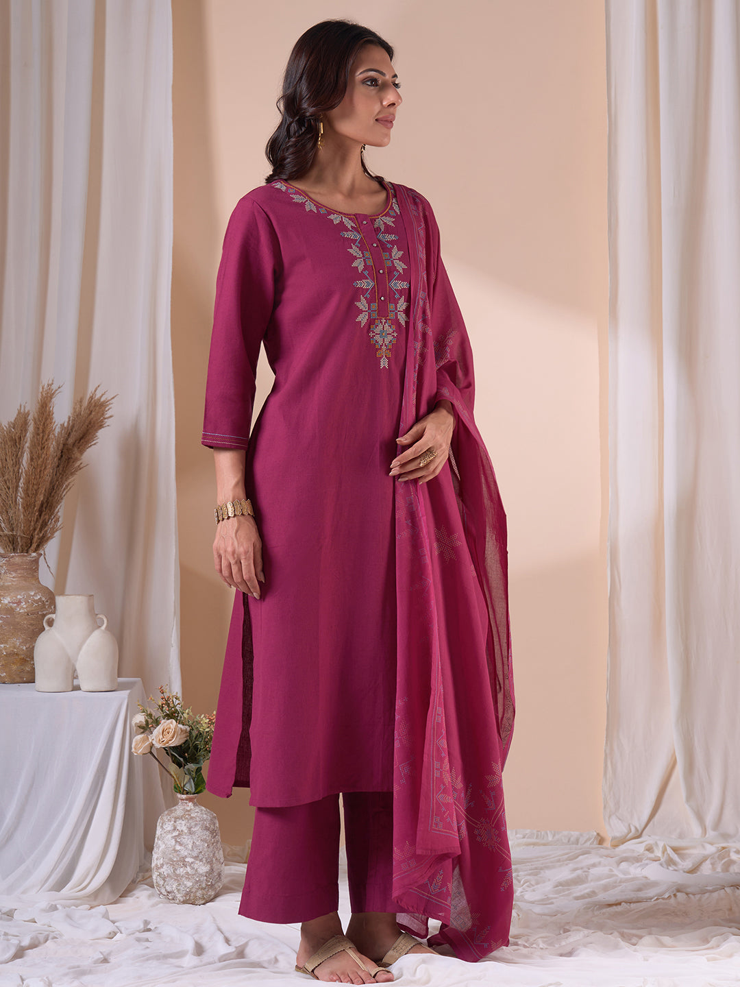 Straight fit Kurta Suit Set with Floral Embroidery, Plain Palazzo and Printed Dupatta.