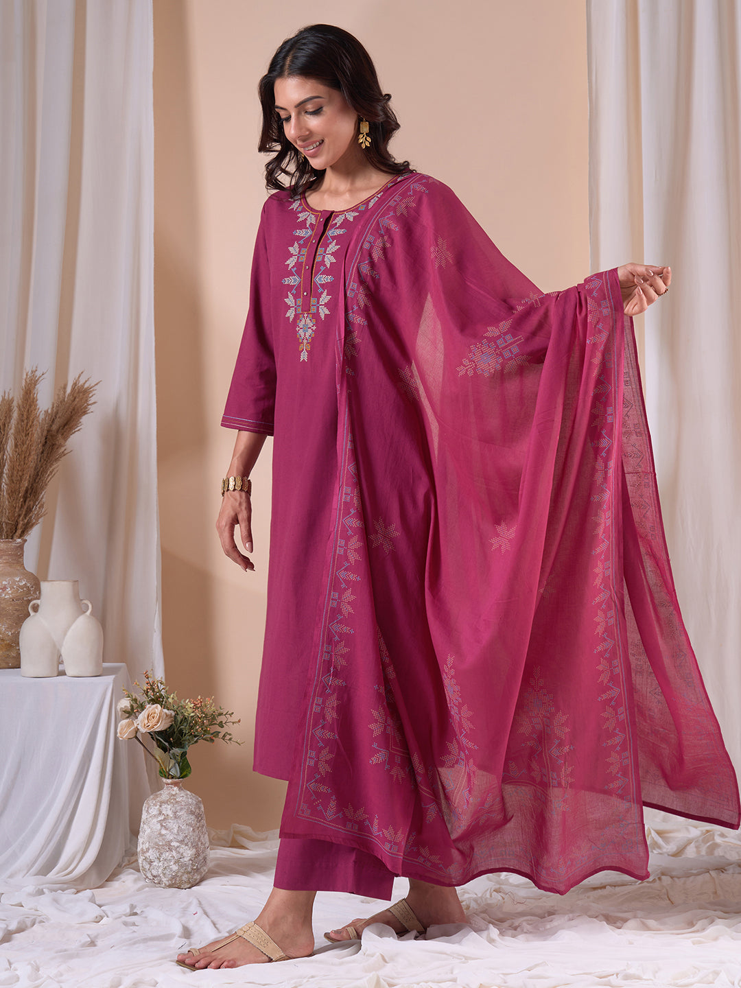 Straight fit Kurta Suit Set with Floral Embroidery, Plain Palazzo and Printed Dupatta.
