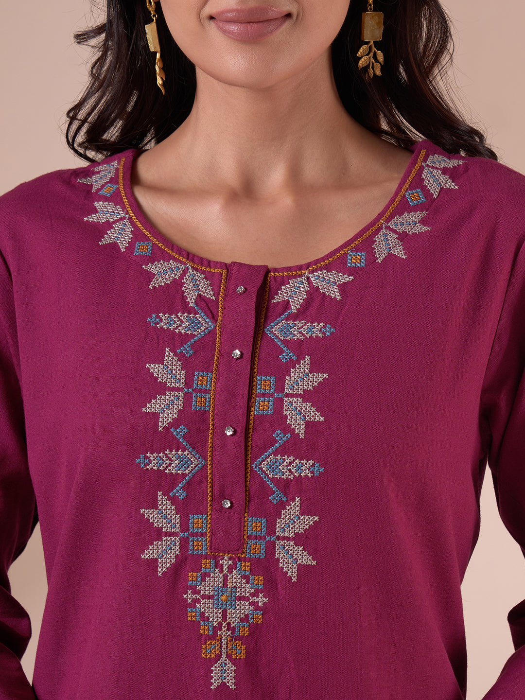 Straight fit Kurta Suit Set with Floral Embroidery, Plain Palazzo and Printed Dupatta.
