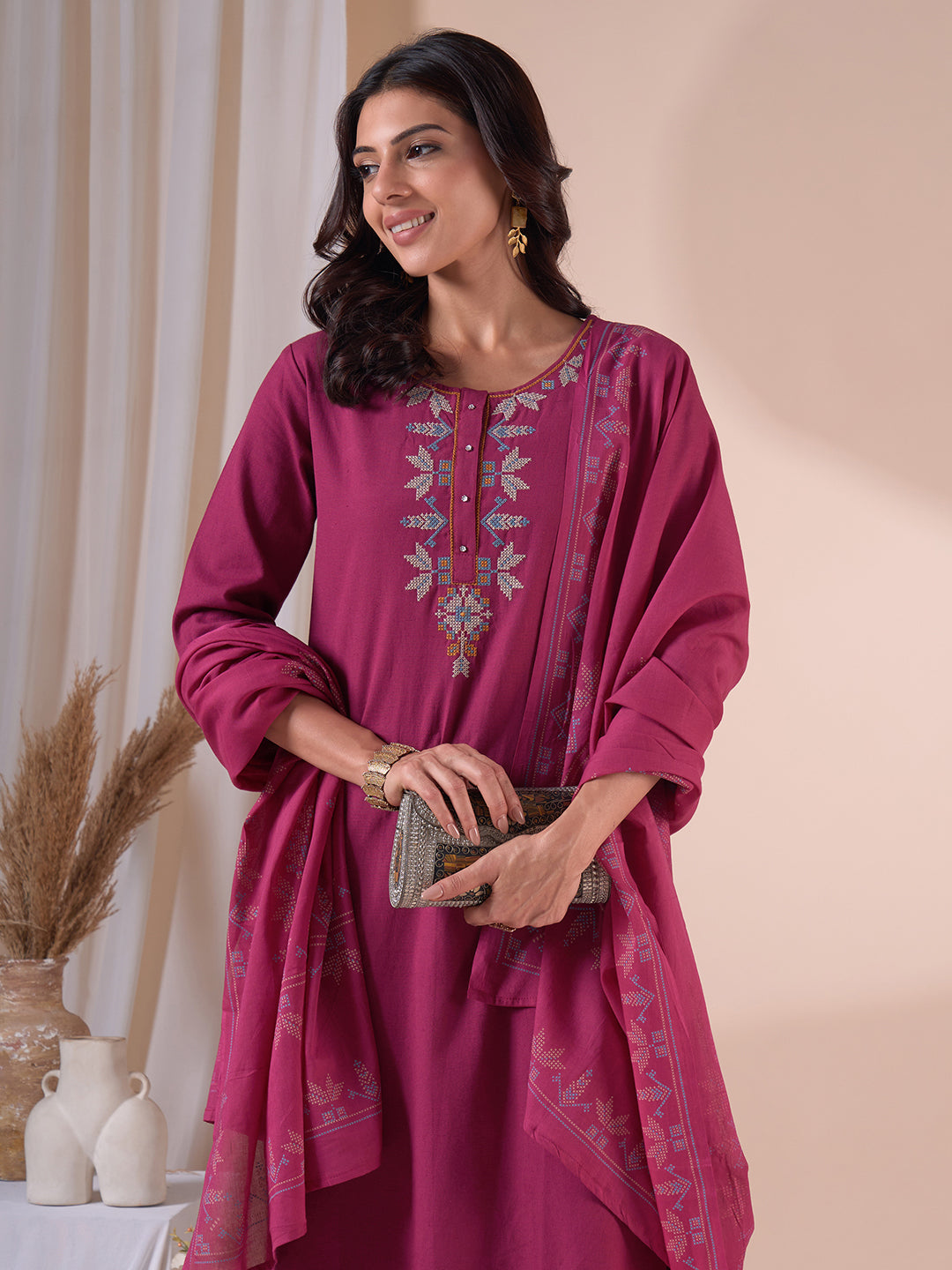Straight fit Kurta Suit Set with Floral Embroidery, Plain Palazzo and Printed Dupatta.