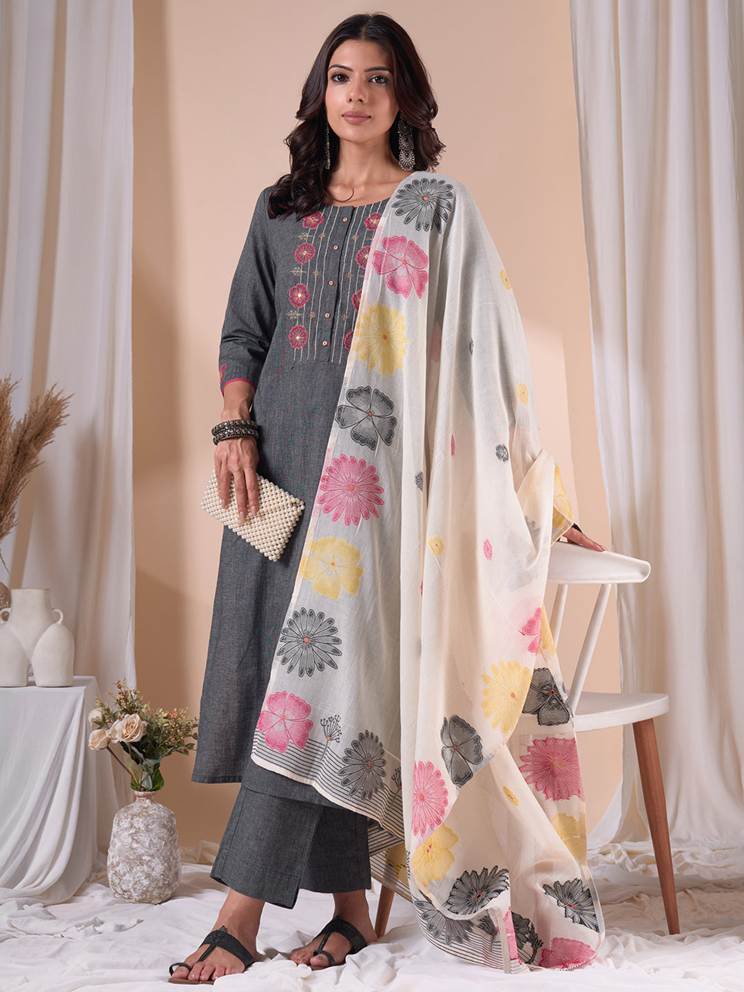 Straight Fit Textured Kurta Set with Floral Embroidery, Plain Pants & Printed Dupatta.