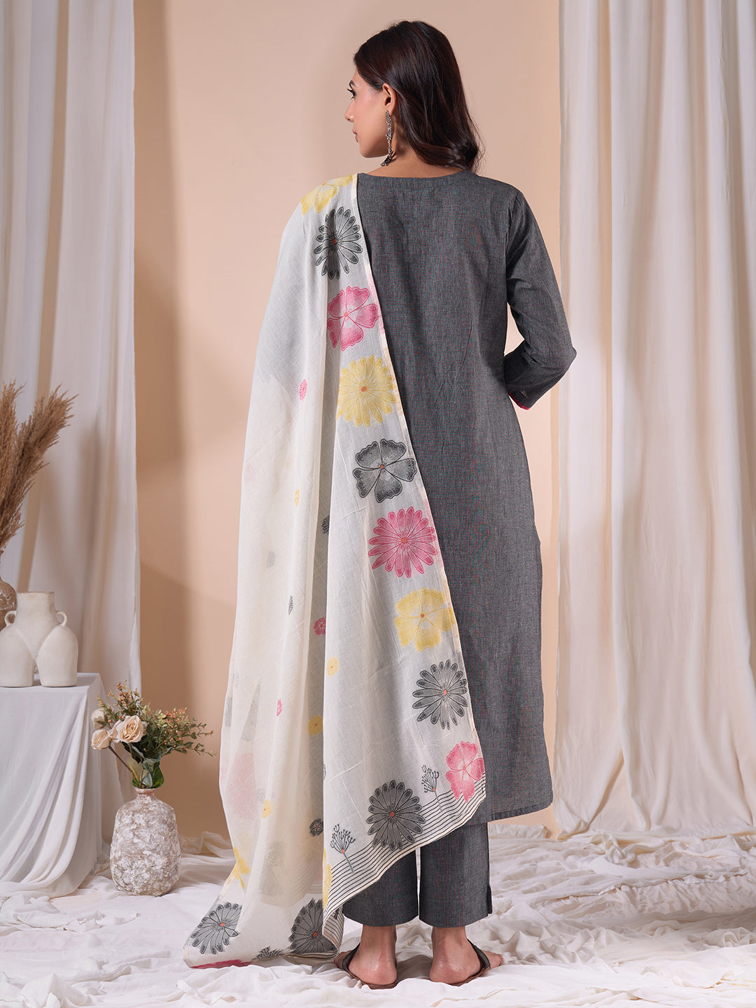 Straight Fit Textured Kurta Set with Floral Embroidery, Plain Pants & Printed Dupatta.