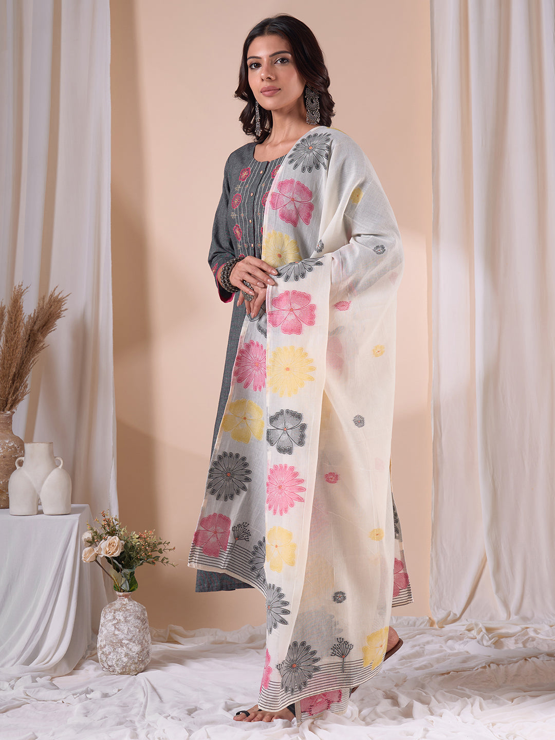 Straight Fit Textured Kurta Set with Floral Embroidery, Plain Pants & Printed Dupatta.