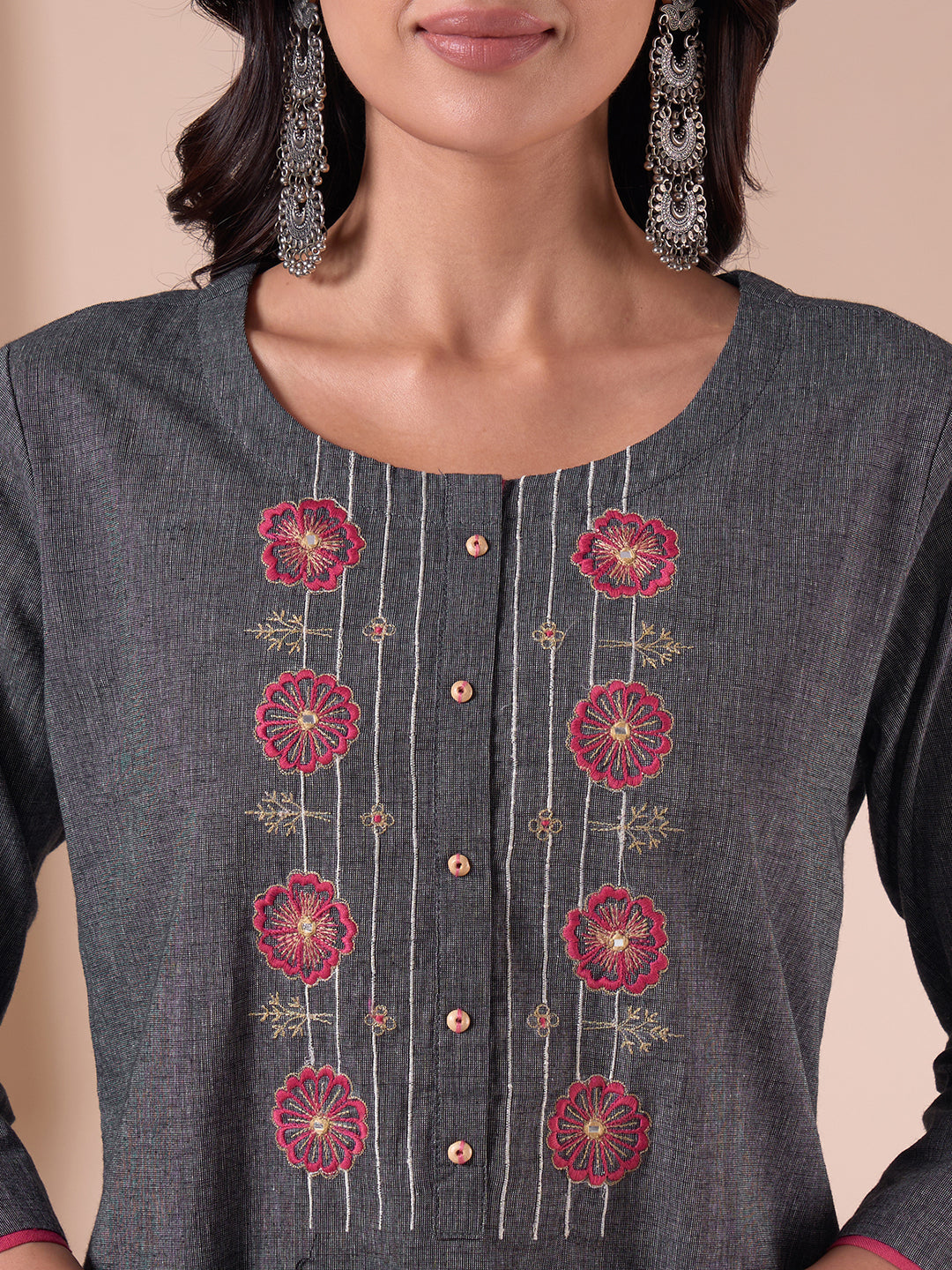 Straight Fit Textured Kurta Set with Floral Embroidery, Plain Pants & Printed Dupatta.