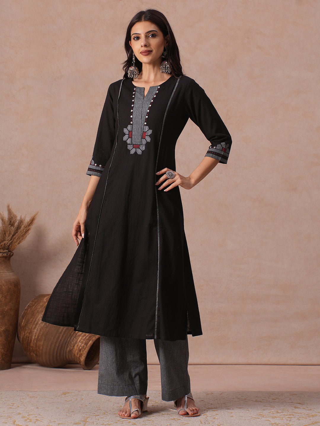 A-line Cotton Kurta with Mirror Work, Striped Panel & Geometric Applique.