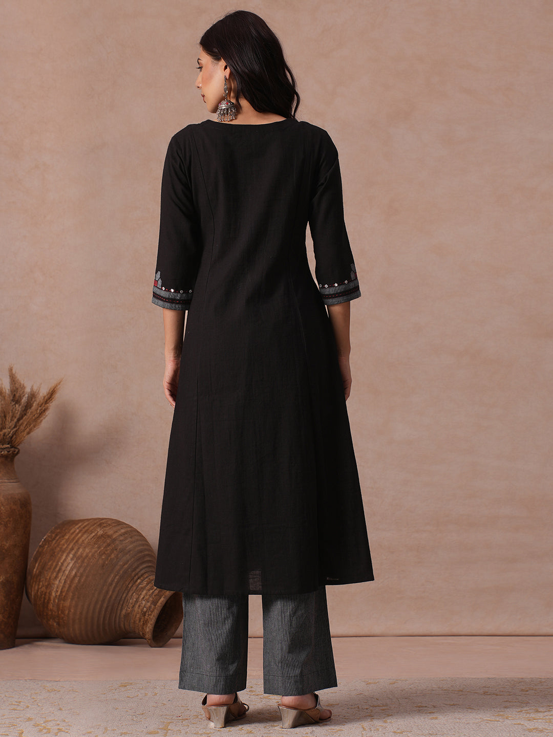 A-line Cotton Kurta with Mirror Work, Striped Panel & Geometric Applique.