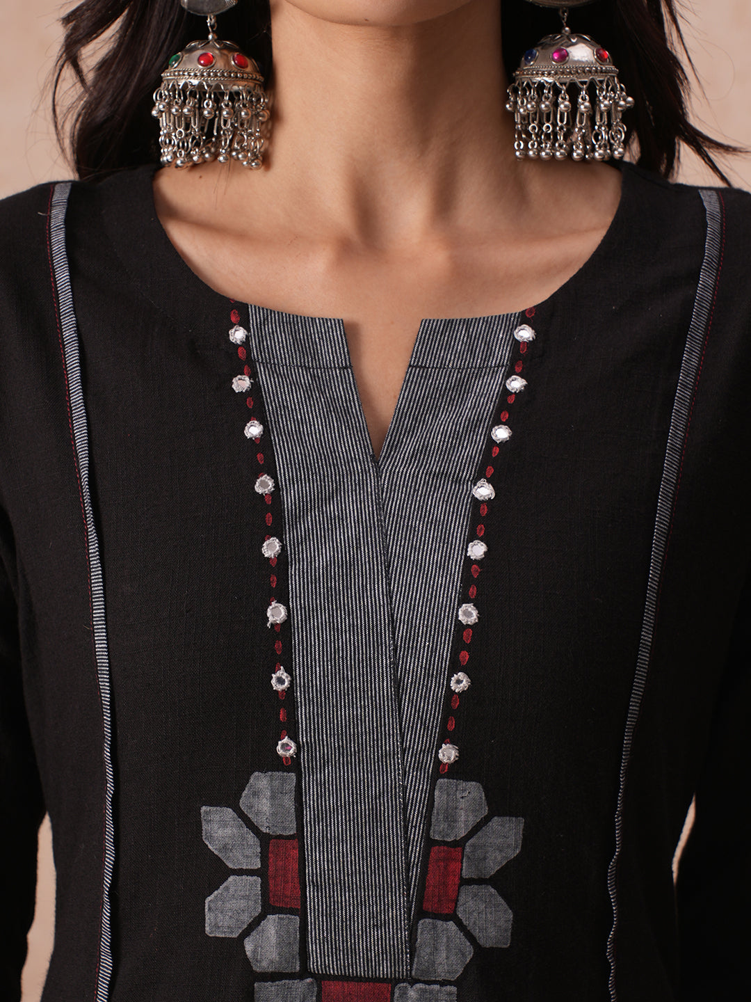 A-line Cotton Kurta Set with Mirror Work, Striped Panel & Geometric Applique with Striped Palazoo.