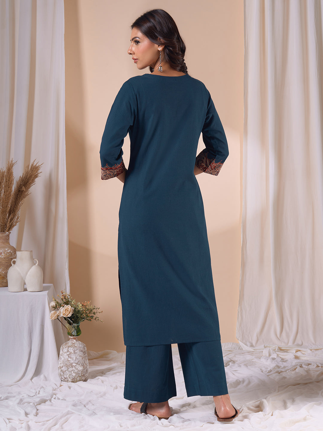 Straight Fit Cotton Kurta Set with Ajrakh Print, Intricate Mirror Work and Plain Palazzo.