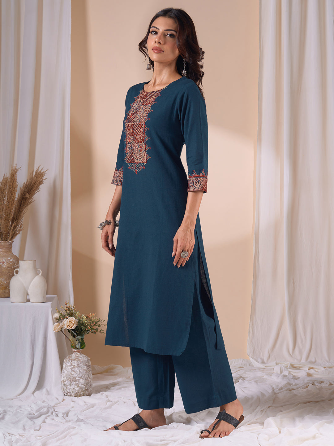 Straight Fit Cotton Kurta Set with Ajrakh Print, Intricate Mirror Work and Plain Palazzo.