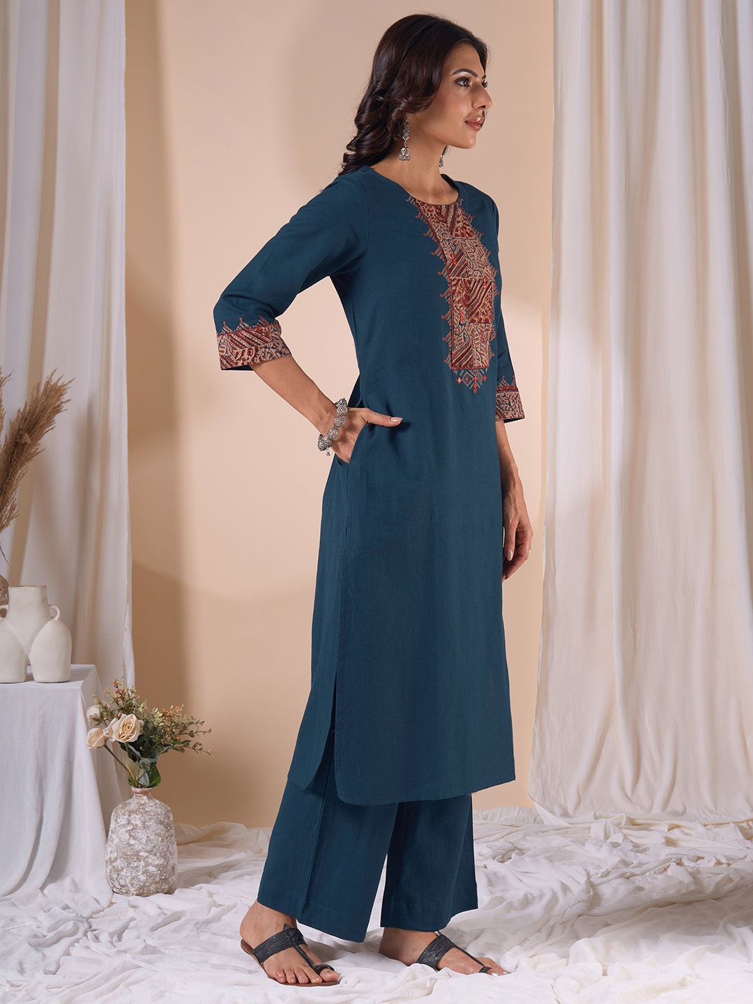 Straight Fit Cotton Kurta Set with Ajrakh Print, Intricate Mirror Work and Plain Palazzo.