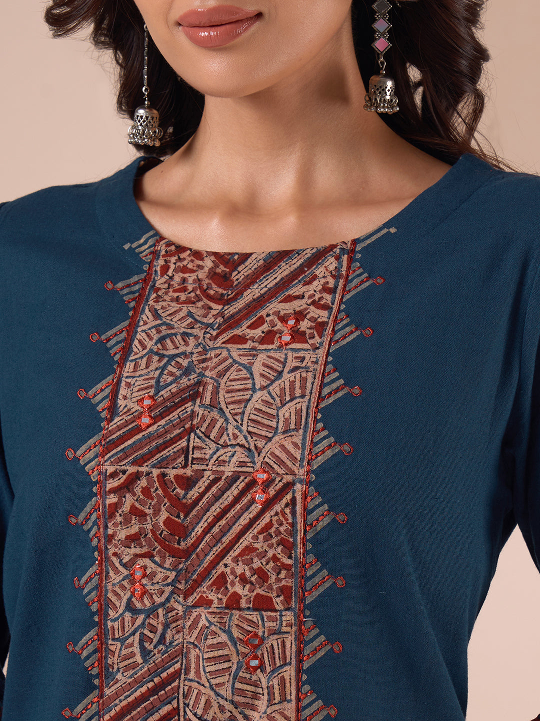 Straight Fit Cotton Kurta Set with Ajrakh Print, Intricate Mirror Work and Plain Palazzo.