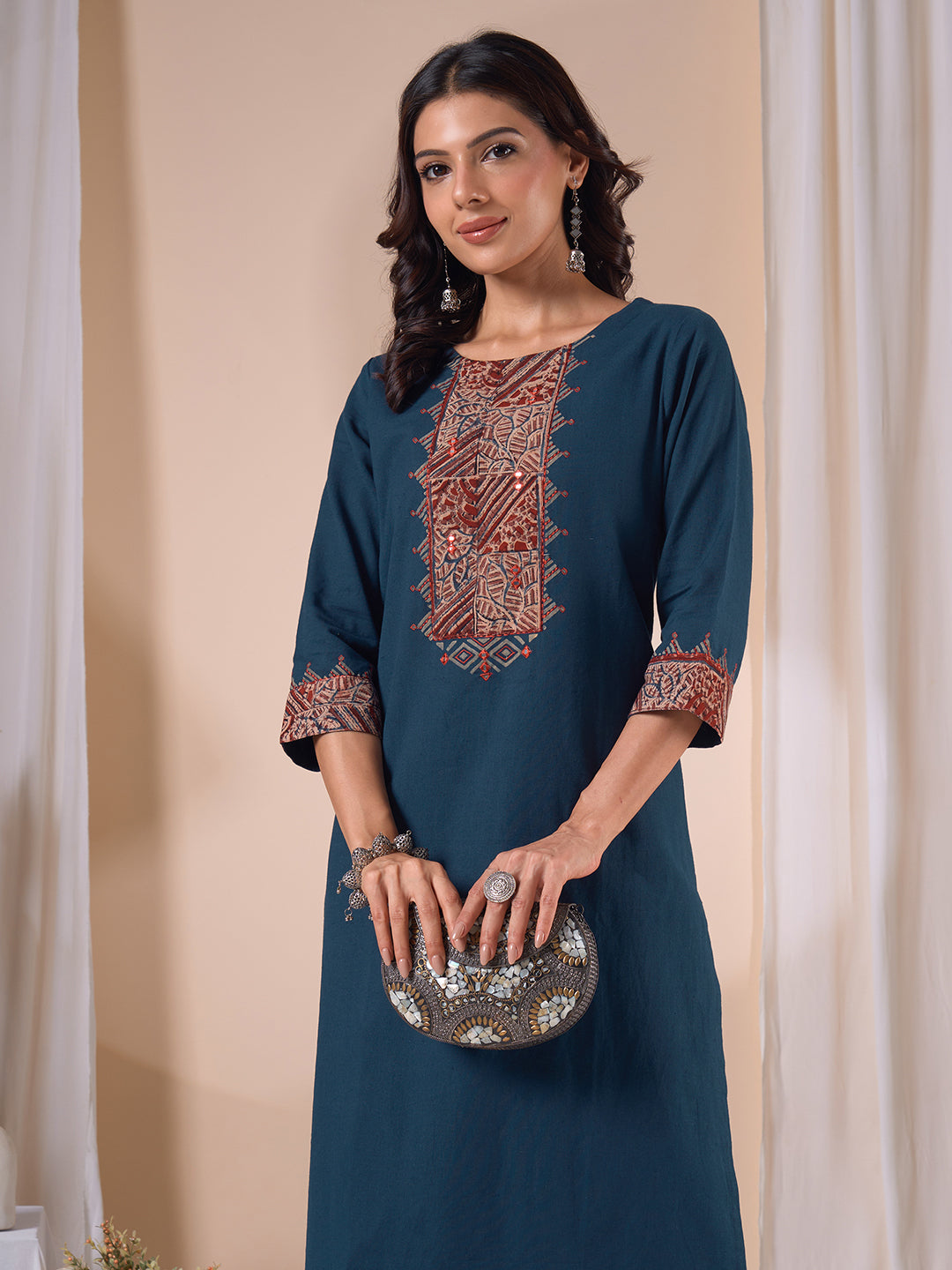 Straight Fit Cotton Kurta Set with Ajrakh Print, Intricate Mirror Work and Plain Palazzo.