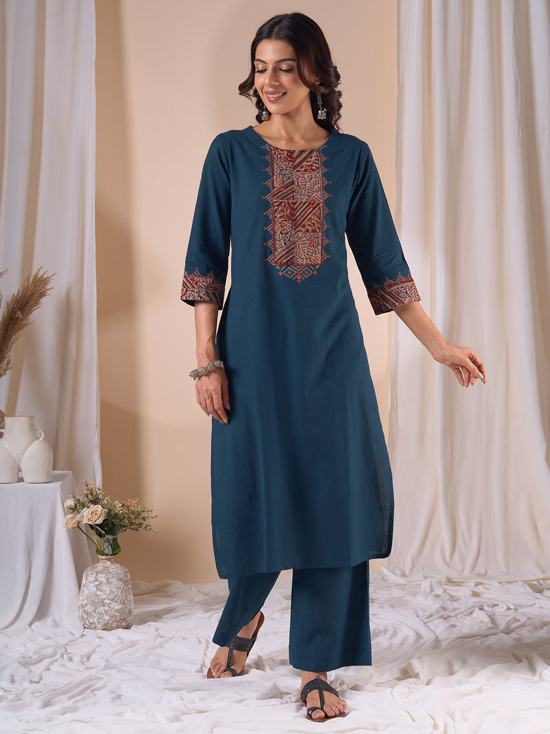 Straight Fit Cotton Kurta Set with Ajrakh Print, Intricate Mirror Work and Plain Palazzo.
