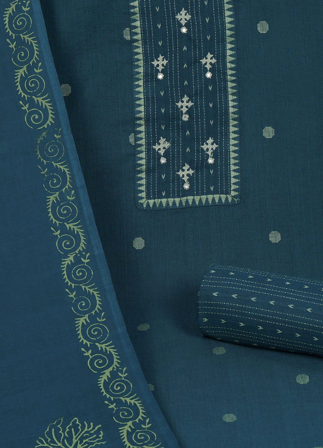 Cotton Woven Ready-to-Stitch Suit Set with Rabari Handwork Yoke & Block Print Dupatta Material.(Blue)