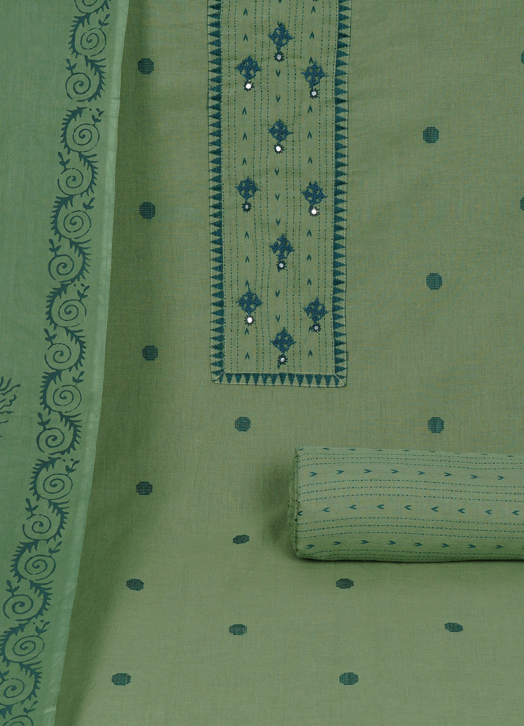 Cotton Woven Ready-to-Stitch Suit Set with Rabari Handwork Yoke & Block Print Dupatta Material.(Green)
