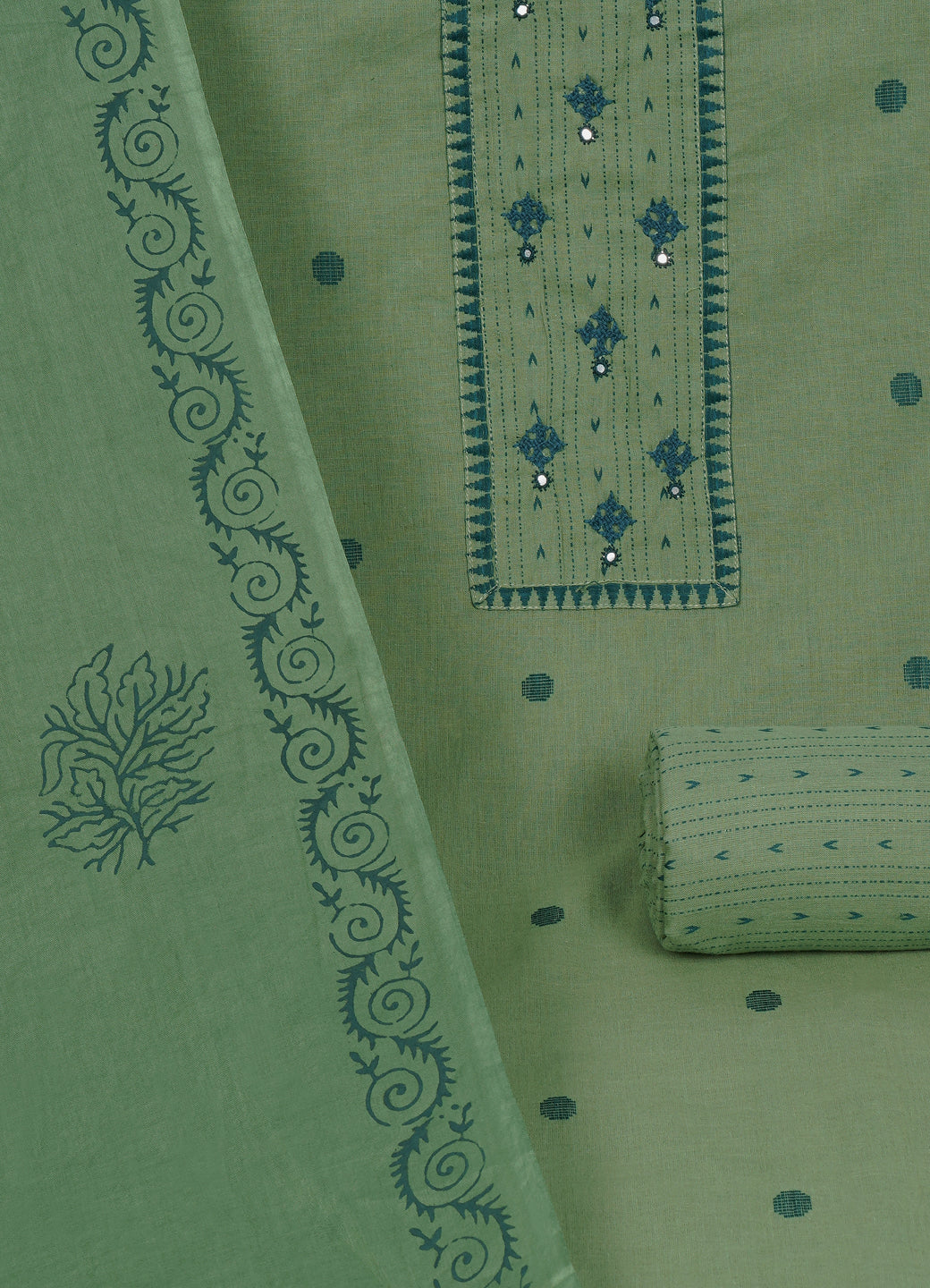 Cotton Woven Ready-to-Stitch Suit Set with Rabari Handwork Yoke & Block Print Dupatta Material.(Green)