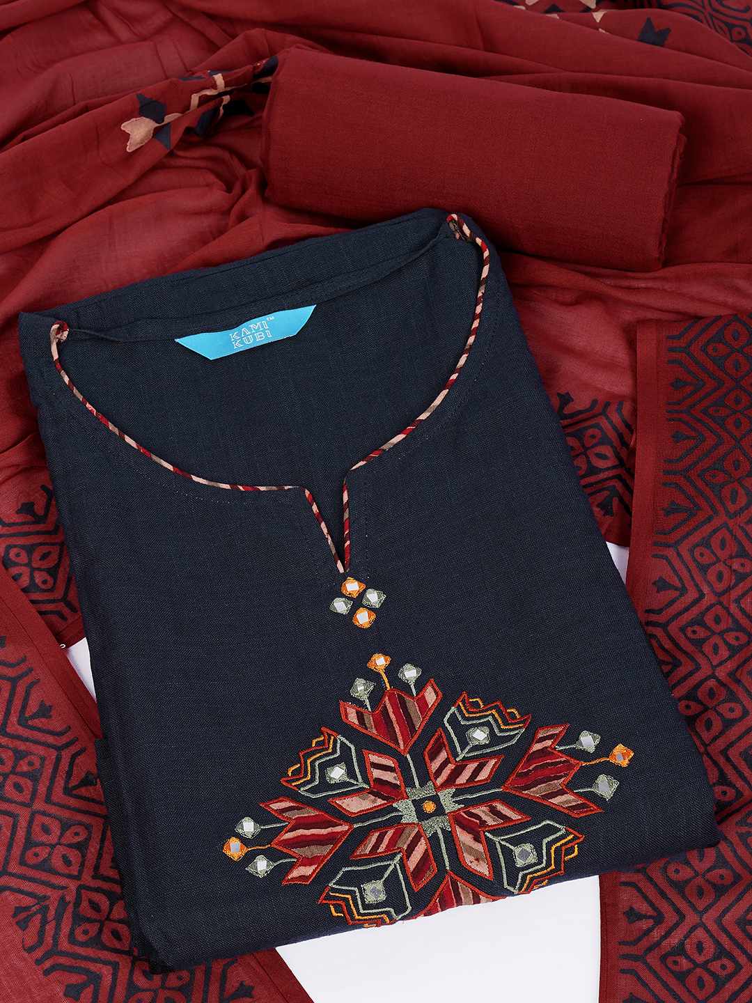 Unstitched Cotton 3-Piece Suit Set with Mirror Work, Printed Dupatta & Plain Bottom.(Blue)