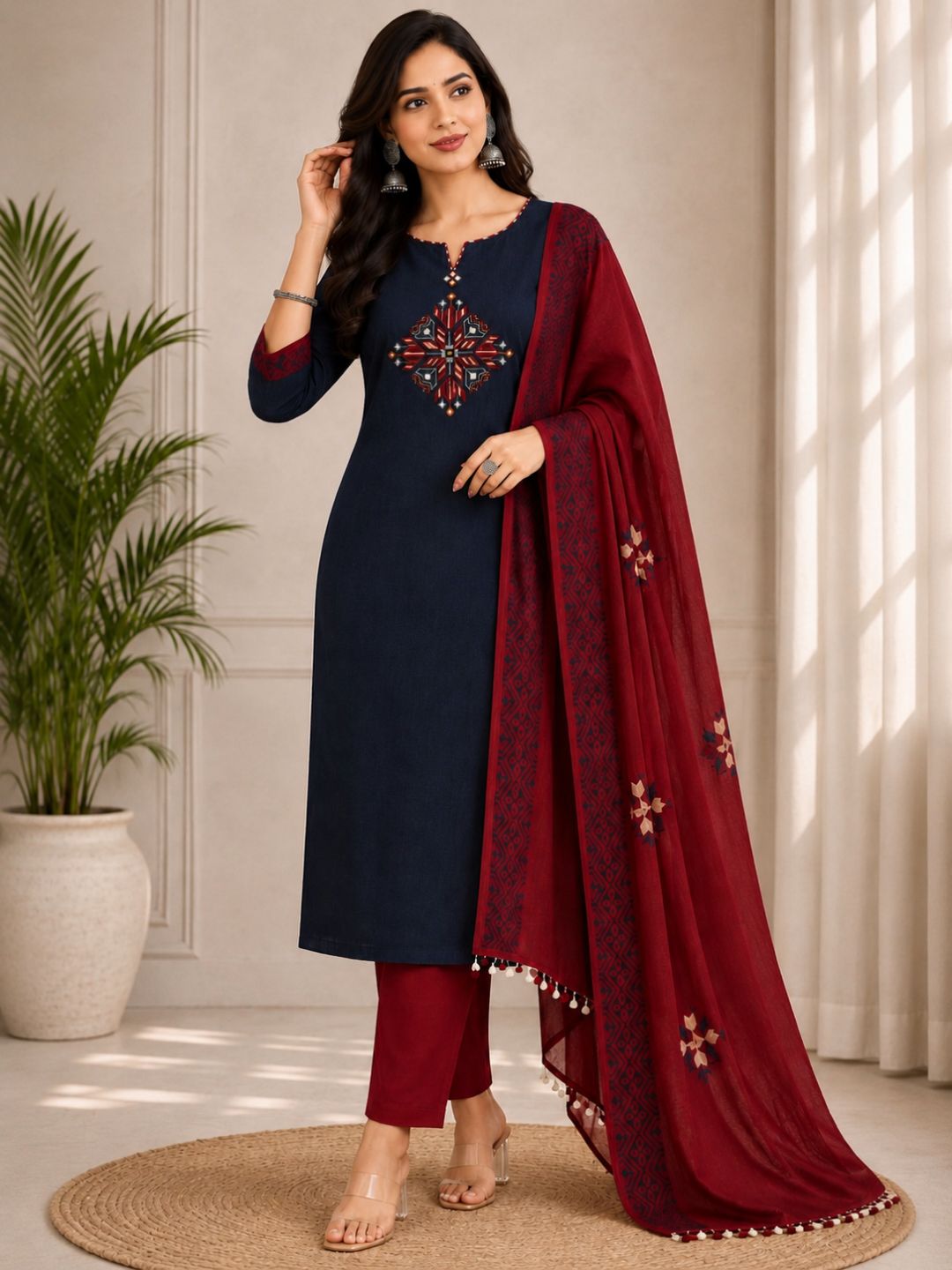 Unstitched Cotton 3-Piece Suit Set with Mirror Work, Printed Dupatta & Plain Bottom.(Blue)