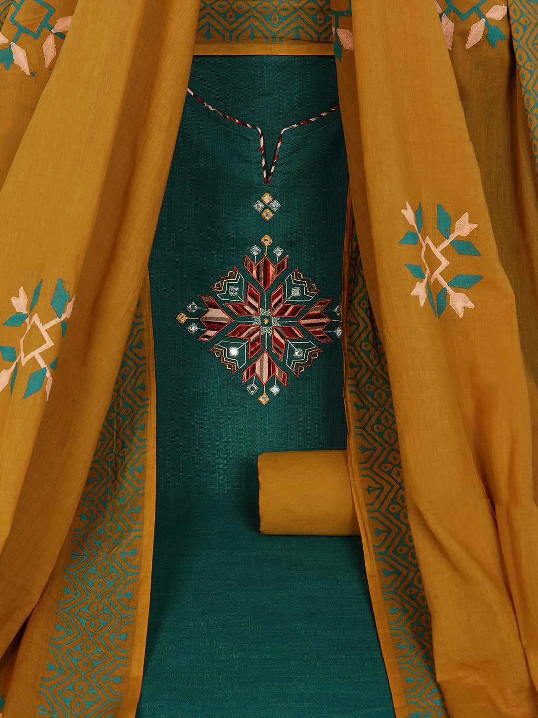 Unstitched Cotton 3-Piece Suit Set with Mirror Work, Printed Dupatta & Plain Bottom.(Green)