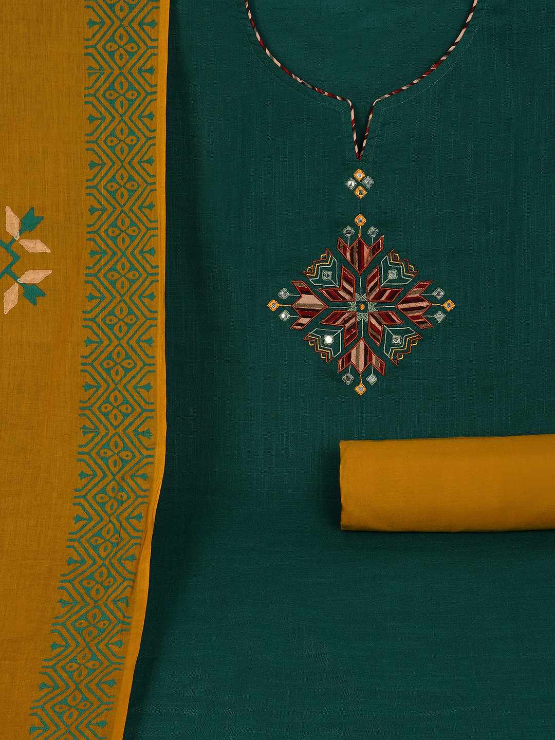 Unstitched Cotton 3-Piece Suit Set with Mirror Work, Printed Dupatta & Plain Bottom.(Green)