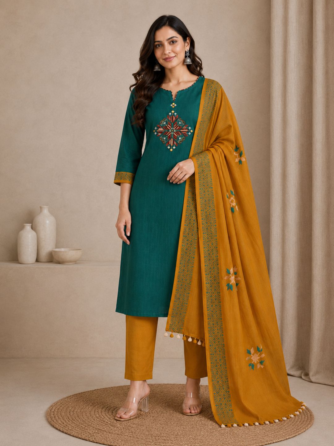 Unstitched Cotton 3-Piece Suit Set with Mirror Work, Printed Dupatta & Plain Bottom.(Green)