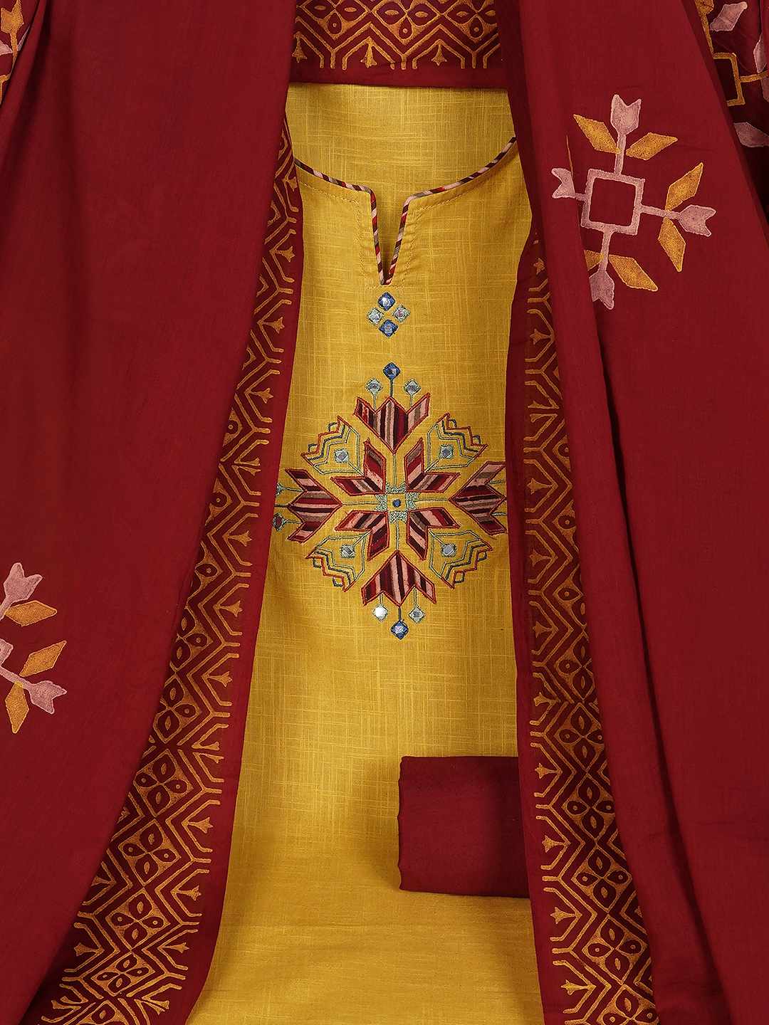 Unstitched Cotton 3-Piece Suit Set with Mirror Work, Printed Dupatta & Plain Bottom.(Yellow)