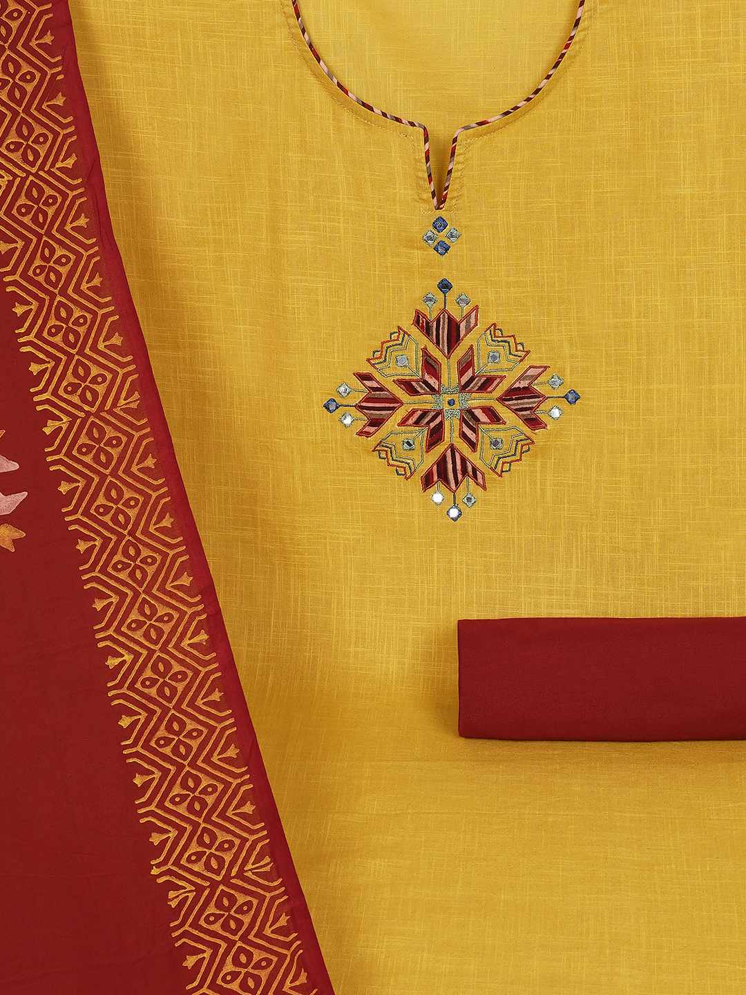 Unstitched Cotton 3-Piece Suit Set with Mirror Work, Printed Dupatta & Plain Bottom.(Yellow)