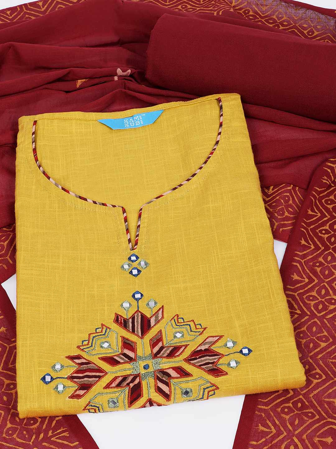 Unstitched Cotton 3-Piece Suit Set with Mirror Work, Printed Dupatta & Plain Bottom.(Yellow)