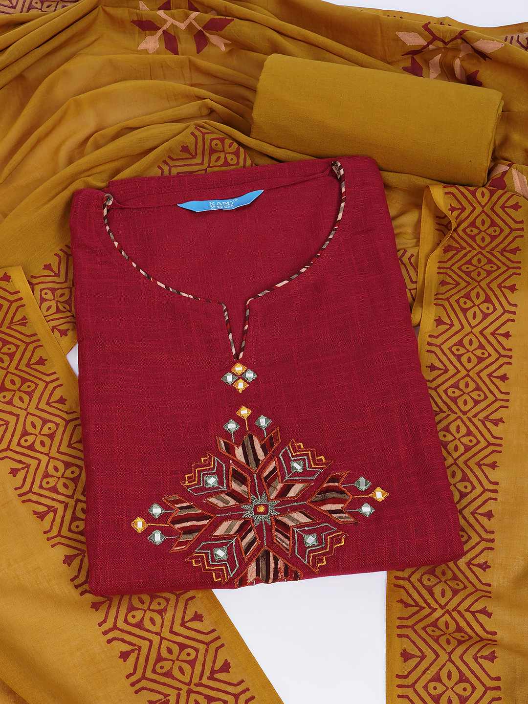 Unstitched Cotton 3-Piece Suit Set with Mirror Work, Printed Dupatta & Plain Bottom.(Maroon)