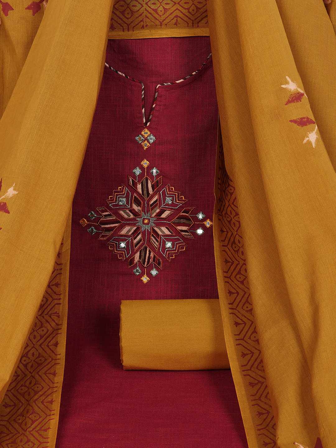Unstitched Cotton 3-Piece Suit Set with Mirror Work, Printed Dupatta & Plain Bottom.(Maroon)